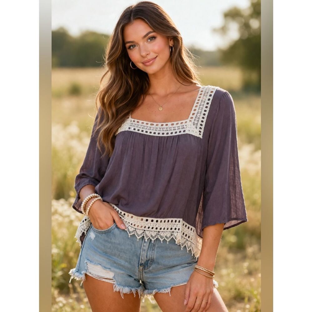 Umgee Boho Lace Trim Blouse Purple Gray Flowy Peasant Top Size Small